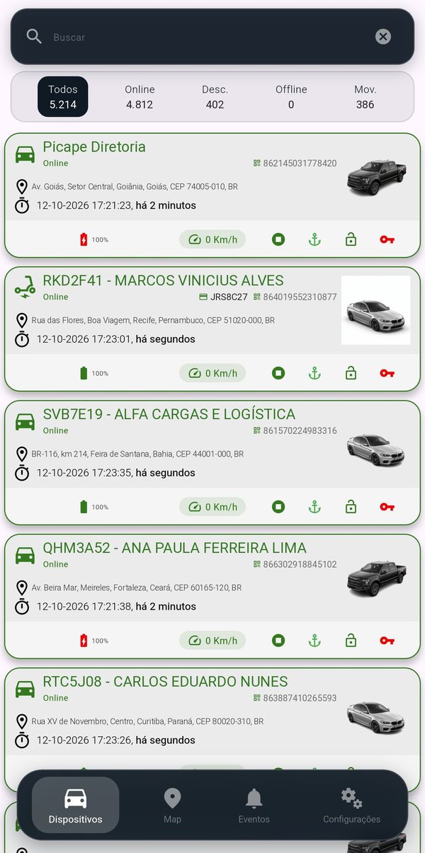 Tela do aplicativo com a lista de veículos e o status de cada um