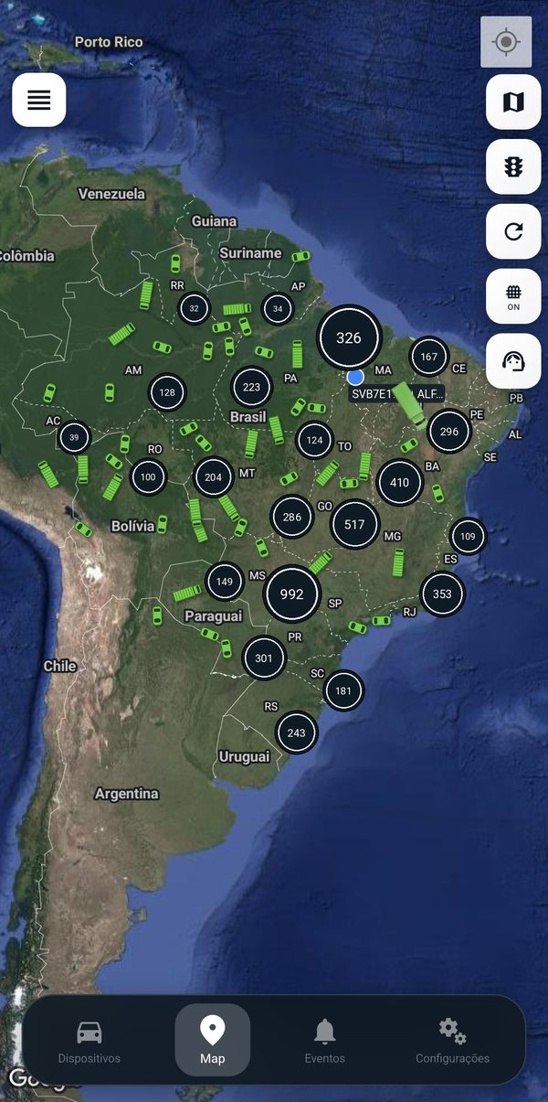 Tela do aplicativo com veículos agrupados por estado no mapa do Brasil